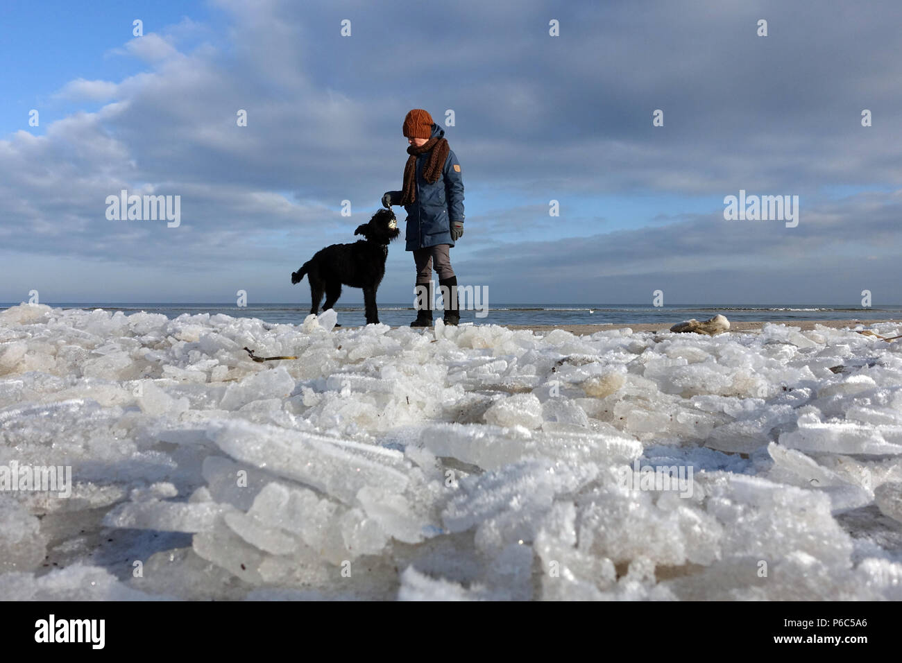 Ahlbeck, Deutschland, Frau spielen mit Ihrem Hund im Winter am Strand Stockfoto