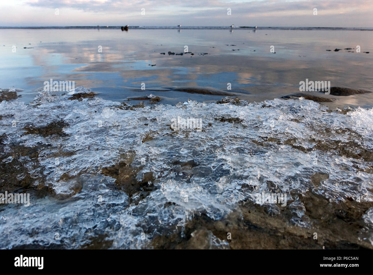 Ahlbeck, Deutschland, gefrorenes Wasser am Strand Stockfoto