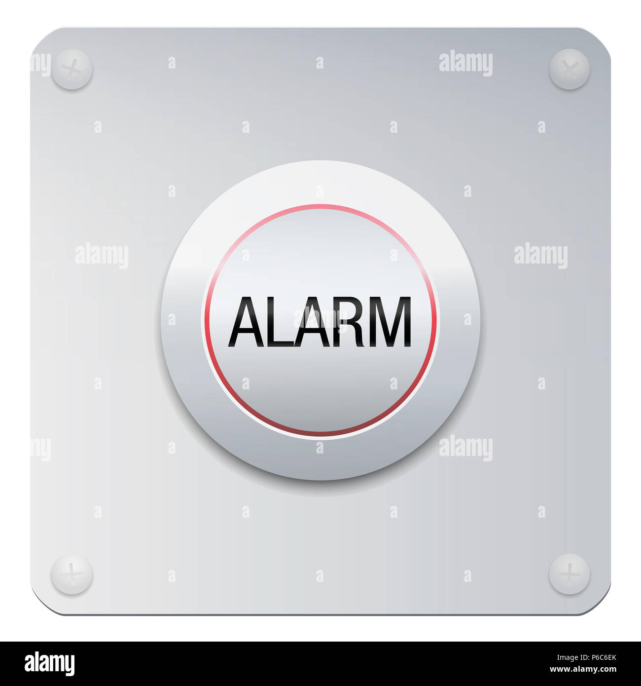 Alarmknopf auf Chrom. Metallic Abbildung auf weißen Hintergrund. Stockfoto