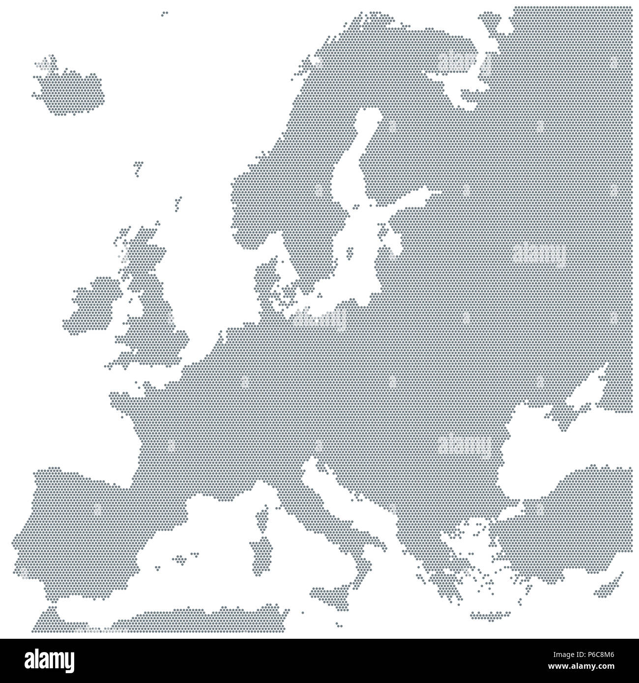 Karte von Europa aus grauen Punkten. Gepunktete Silhouette, Gliederung und der Oberfläche von Europa und der Umgebenen Regionen. Punkte in einer Reihe. Abbildung. Stockfoto