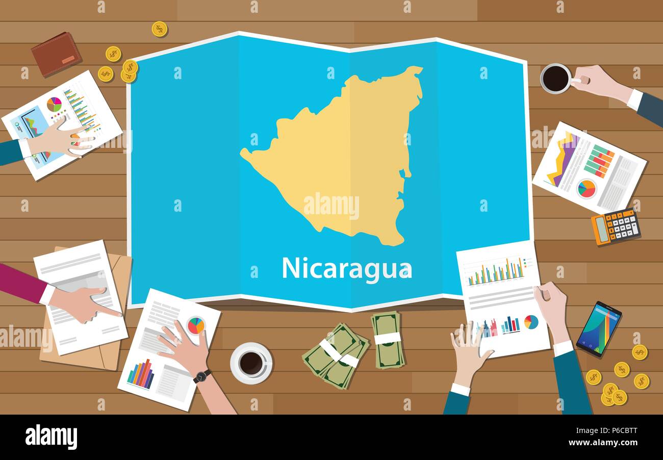 Nicaragua Wirtschaft Land Wachstum nation Team mit Falte Karten von oben Vector Illustration anzeigen diskutieren Stock Vektor