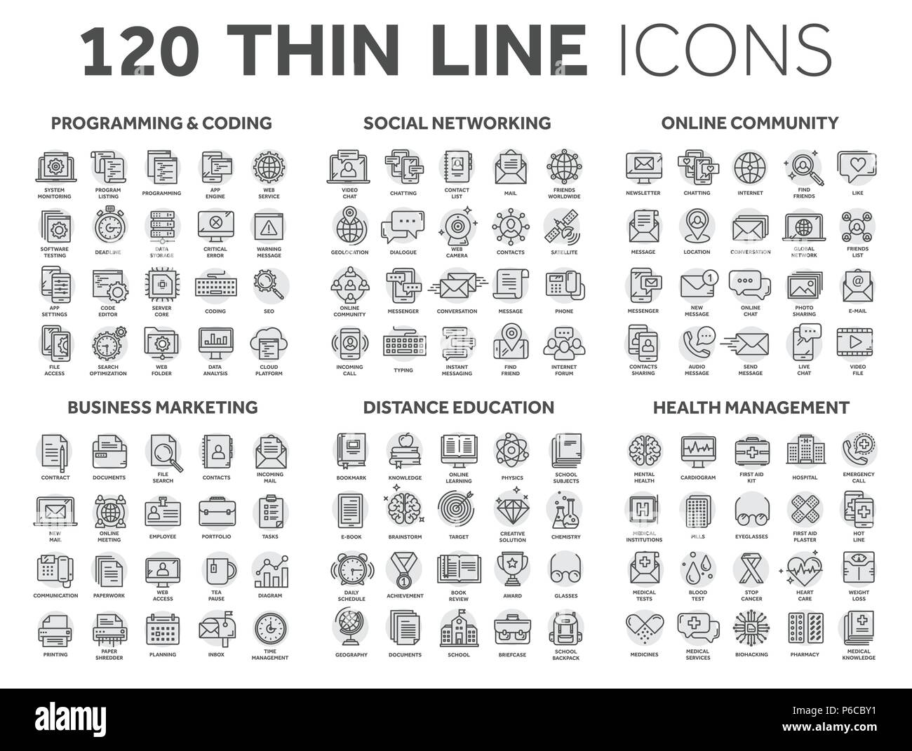 Programmierung, Codierung. Data Management. Soziale Netzwerk-, Computing. Informationen. Internet Verbindung. Business Marketing. Schule und Bildung. Medizin. Dünne schwarze Symbole mit Kreis gesetzt. Schlaganfall. Stock Vektor