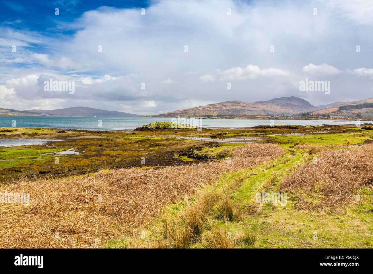 Suchen SE entlang der Klang der Mull in Richtung Salen Pier von Aros, Isle of Mull, Argyll und Bute, Schottland, Großbritannien Stockfoto