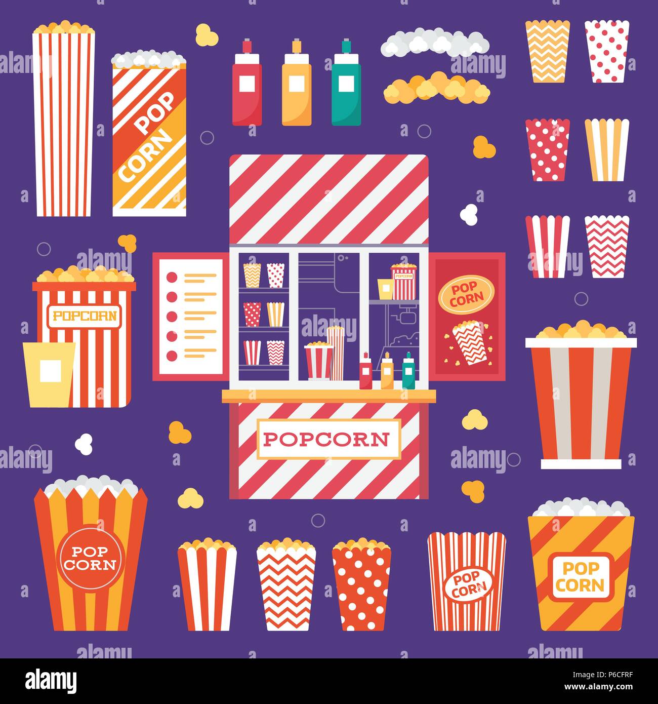 Popcorn Symbole mit Vintage Kiosk und Boxen Stock Vektor
