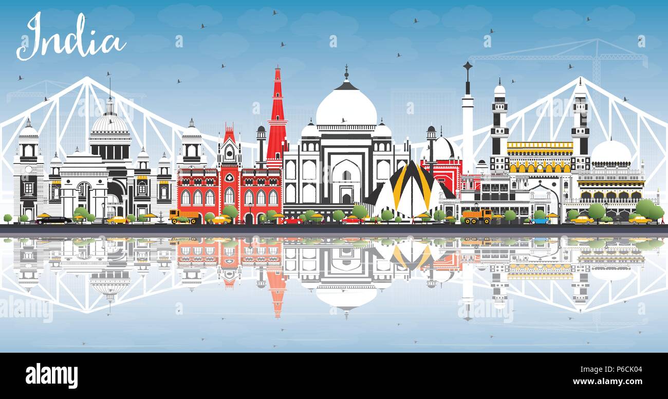 Indien Skyline der Stadt mit Gebäuden, blauer Himmel und Reflexionen. Delhi. Hyderabad. Kolkata. Vector Illustration. Reise und Tourismus Konzept Stock Vektor