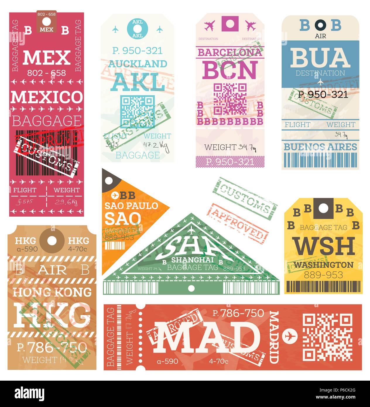 Retro Baggage Tags. Vector Illustration. Kofferanhänger aus Mexiko, Auckland, Barcelona, Buenos Aires, Hongkong, Sao Paulo, Shanghai, Madrid Stock Vektor