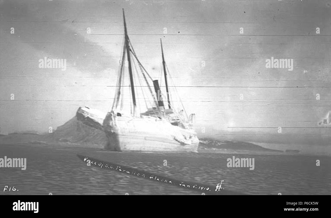 . Englisch: Wrack der FARALLON von Eis bedeckt, Iliamna Bay, Januar 1910. Englisch: Die Alaska Steamship Co. Dampf schoner Farallon, serviced südöstlichen Alaska in Iliamna Bay am 5. Januar 1910 zerstört wurde. John Thwaites war unter den Schiffbrüchigen Passagiere. Bildunterschrift auf Bild: Wrack der SS Farallon, Alaska, Jan. 5, 1910 PH-Coll 247.95 Themen (LCTGM): Alaska Steamship Co - - Ausrüstung & Zubehör - Alaska Themen (LCSH): Farallon (Schiff); Frachtschiffe - Alaska - Iliamna Bucht; Schiffswracks - Alaska - Iliamna Bucht; Iliamna Bay (Alaska). 1910 82 Wrack der FARALLON von Eis bedeckt, Iliamna Bay Stockfoto