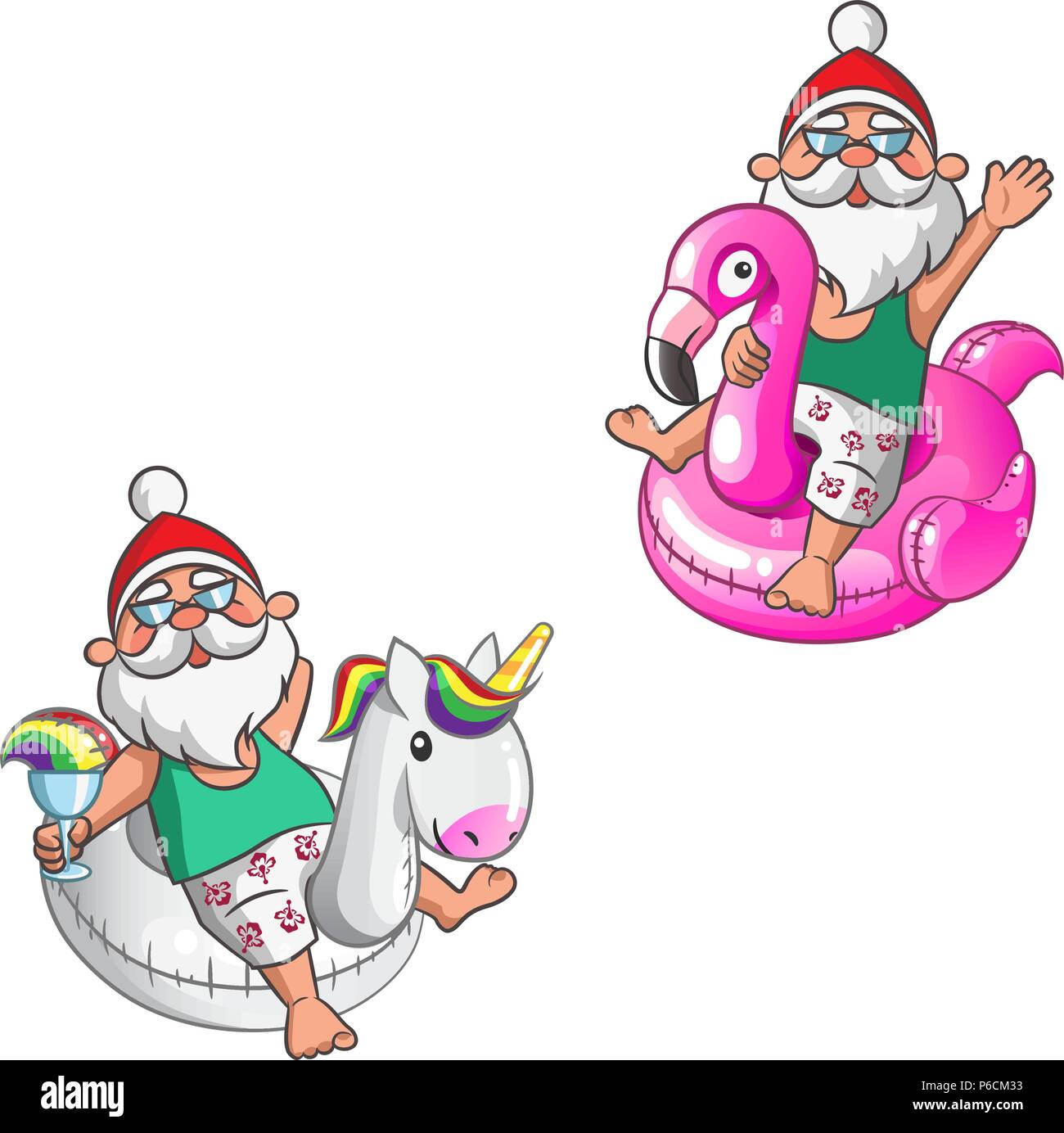 Weihnachtsmänner mit Unicorn und Flamingo schwimmen Ringe im Sommerurlaub Stock Vektor