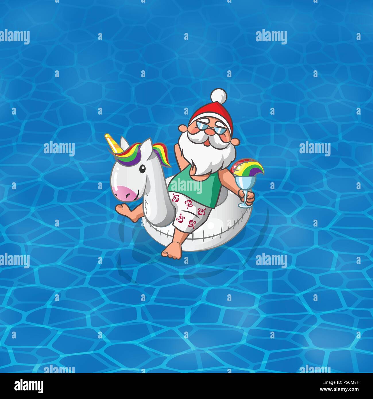 Santa Claus mit Unicorn aufblasbare Schwimmen Segeln entlang dem Meer Meer oder Pool Stock Vektor