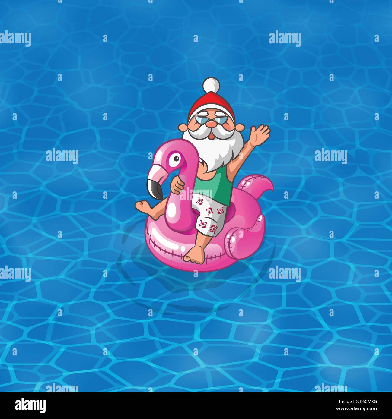 Abbildung: Sommer - Santa Claus mit Flamingo aufblasbarer Schwimmer segeln entlang dem Meer Stock Vektor