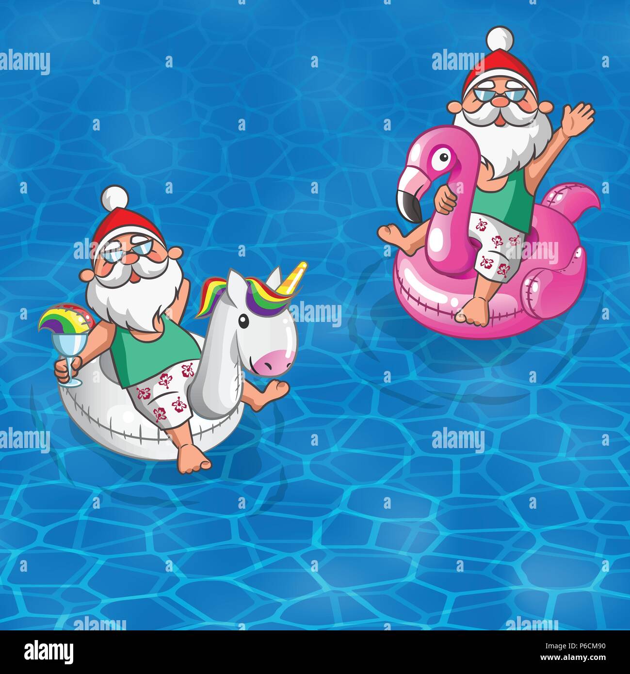 Set Santa Claus floating mit aufblasbarer Flamingo und Einhorn, Segeln entlang dem Meer - Sommer Hintergrund Stock Vektor