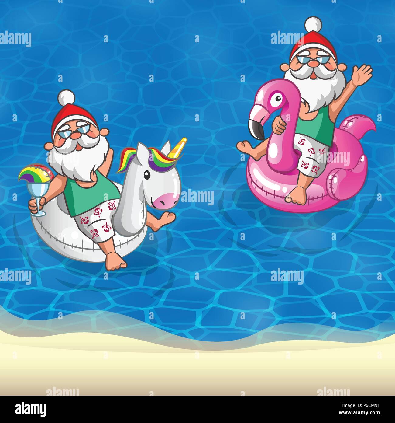 Set Weihnachtsmann mit Flamingo und Unicorn aufblasbarer Schwimmer vor Sandstrand - Sommer Urlaub Stock Vektor