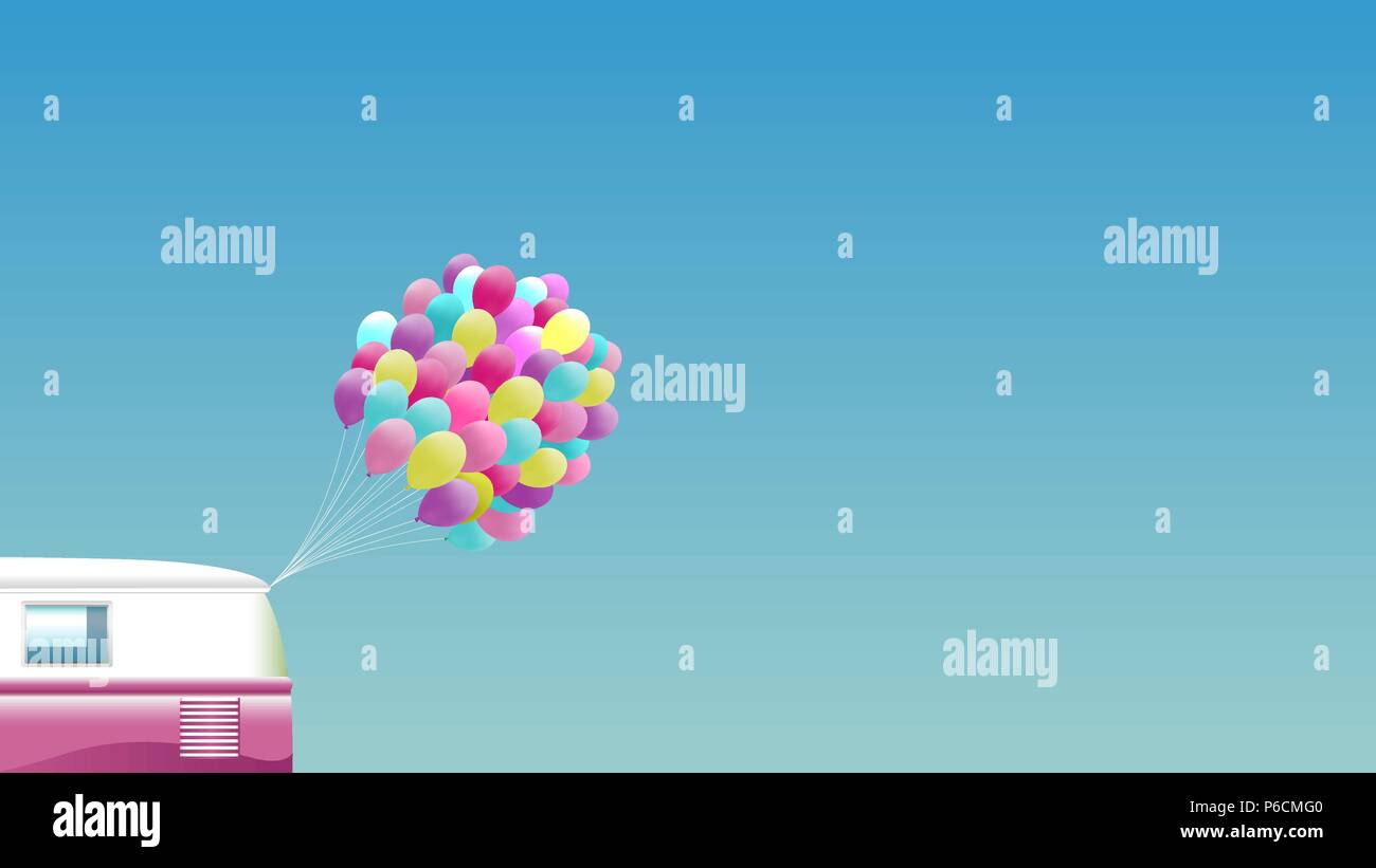 Sommer Hintergrund - Pink Retro Van mit Bündel von bunten Luftballons Stock Vektor