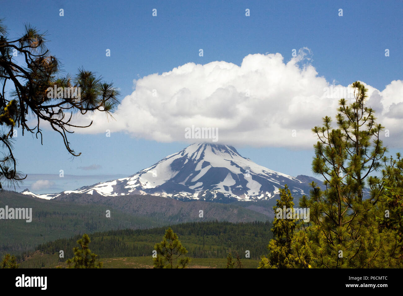 Ein großer cumulus Cloud sitzt auf Mount Jefferson, zweithöchste des Oregon Peak, wie ein Hut. Jefferson ist ein ruhender Vulkan in der Cascade Range. Stockfoto