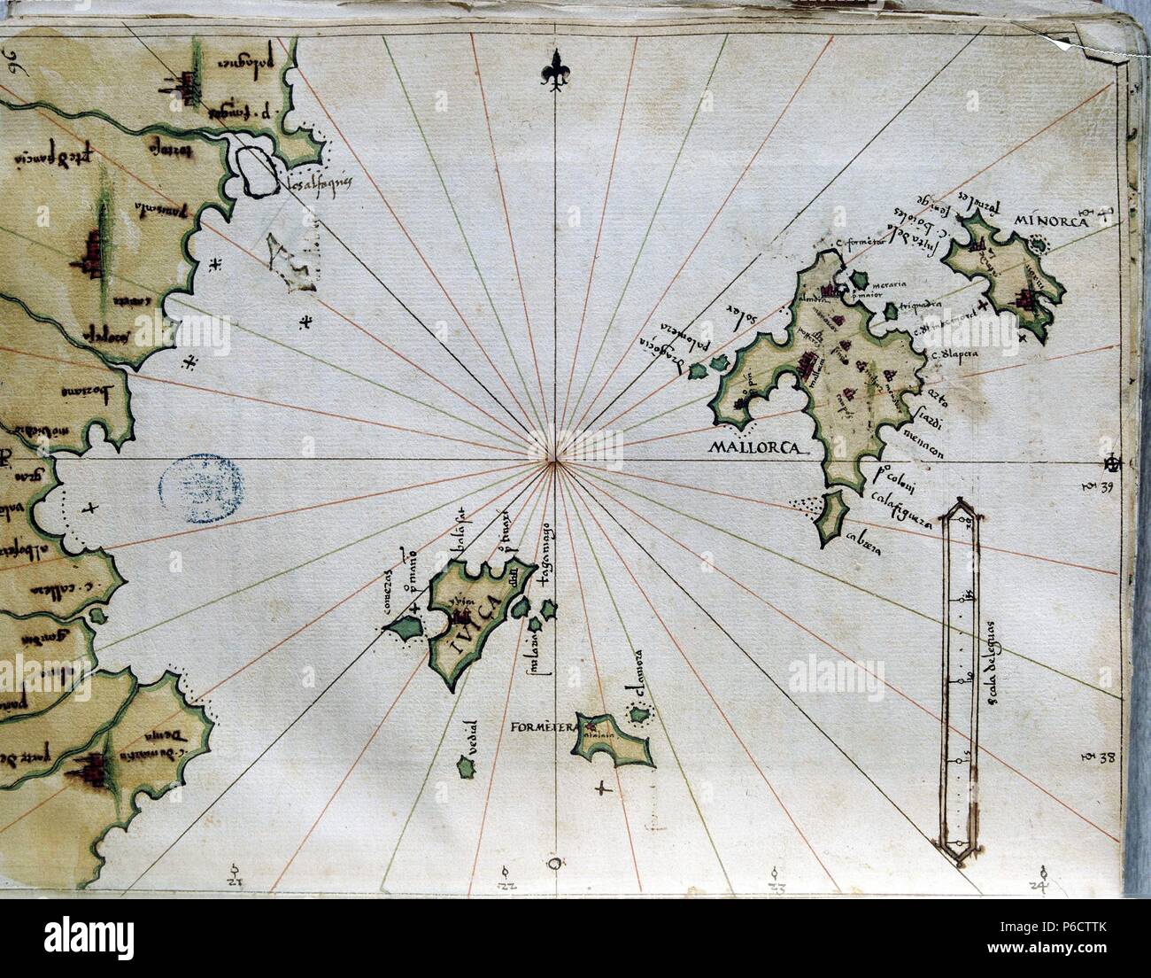 SANTA CRUZ, ALONSO DE. NAVEGANTE Y COSMOGRAFO ESPAÑOL. SIGLOS XV-XVI. "ISLARIO ALLGEMEINES', MAPA DEL INSELGRUPPE BALEAR. BIBLIOTECA NACIONAL MADRID. Stockfoto