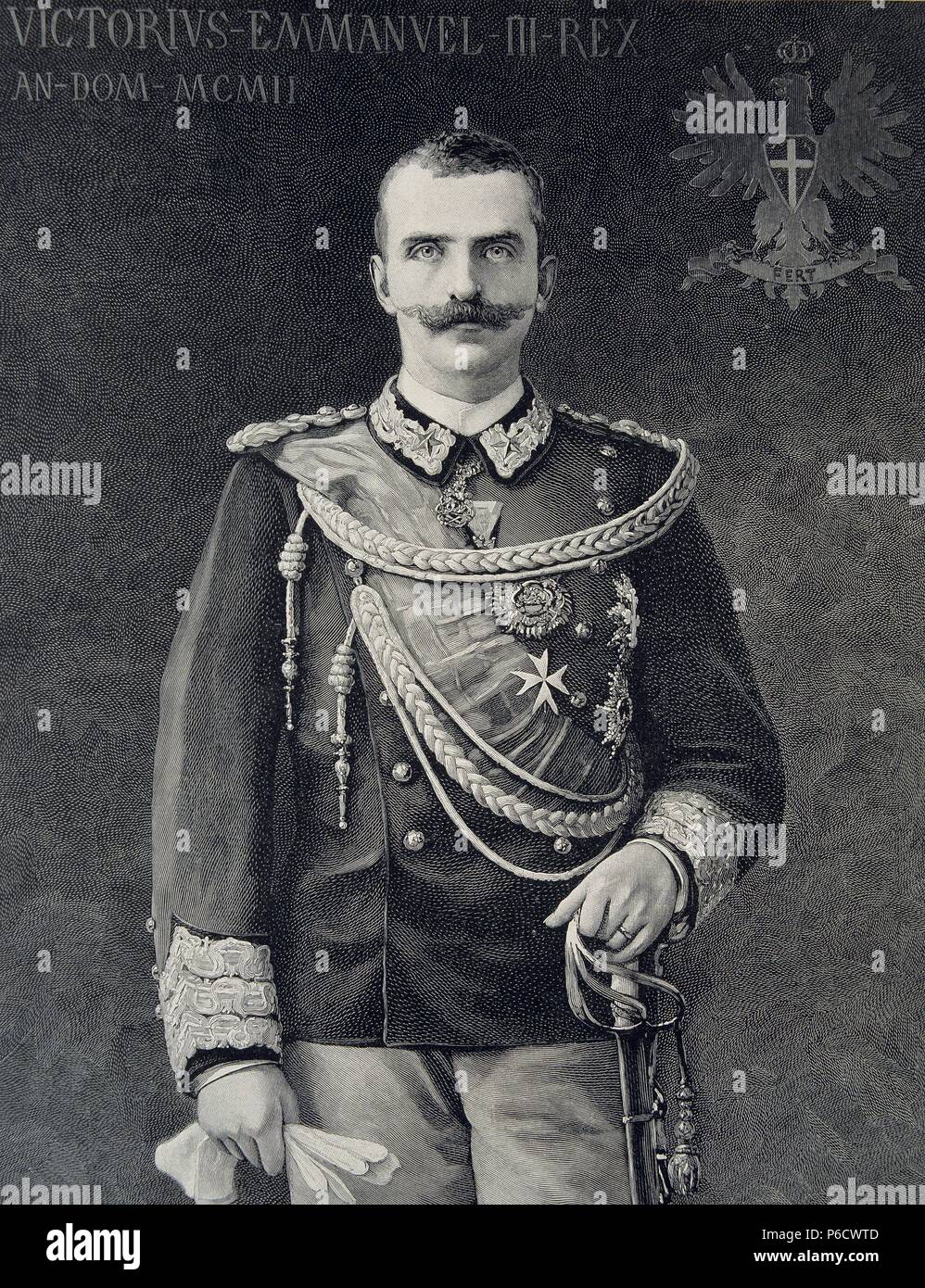 VICTOR MANUEL III. REY DE ITALIA. 1869 - 1947. GRABADO RETRATO DE L¿ABBILDUNG FRANCESA. Stockfoto