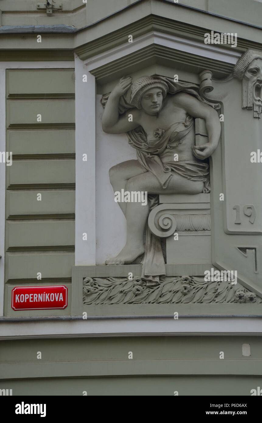 Detail aus einer Hausfassade in Pilsen (Plzen), Tschechische Republik Stockfoto