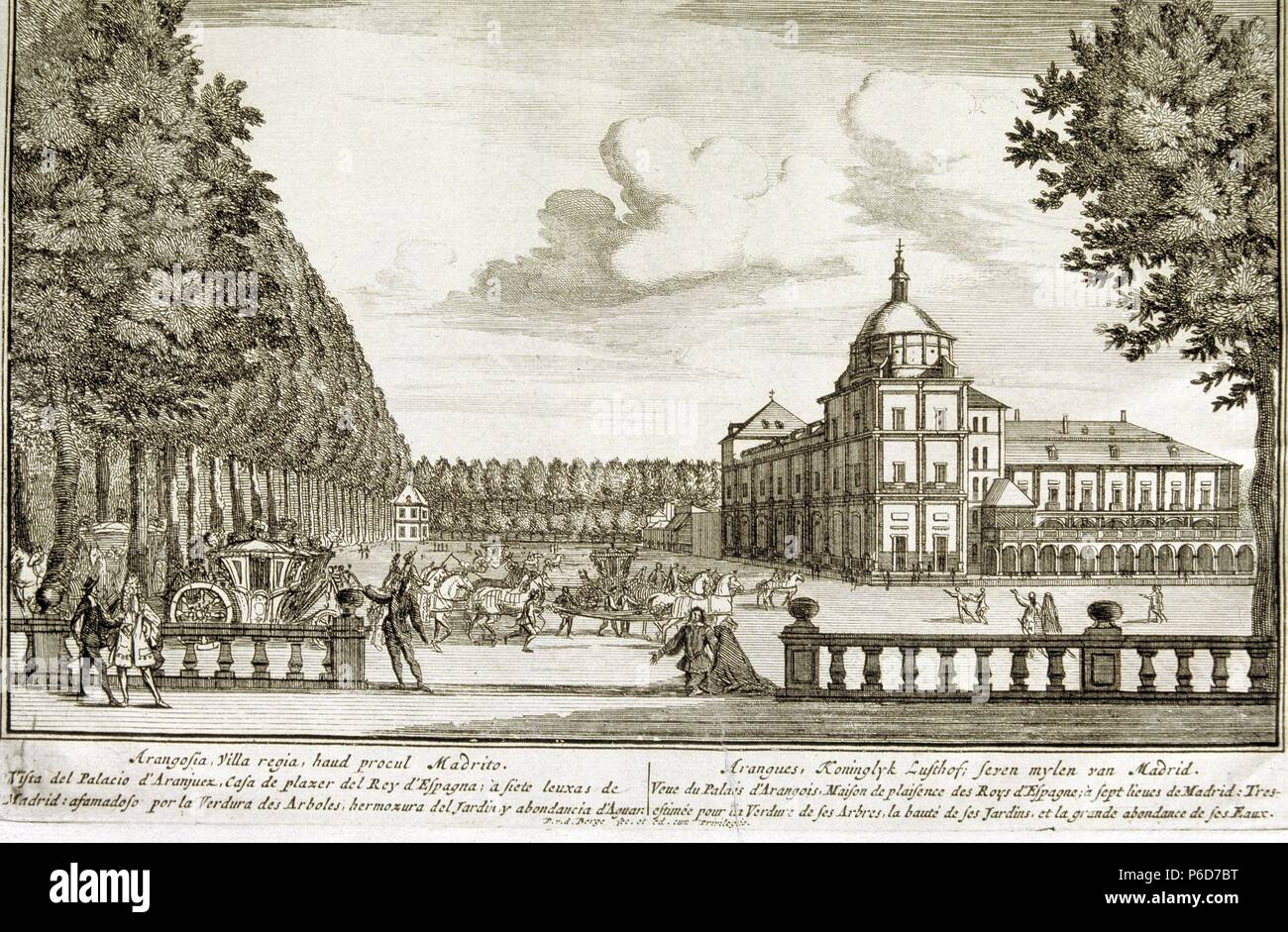 MADRID. ARANJUEZ. PALACIO REAL. GRABADO DE PIETER VAN DER BERGE, DE LA OBRA' THEATRUM HISPANIAE". BIBLIOTECA NACIONAL. MADRID. MADRID PINTADO. Stockfoto