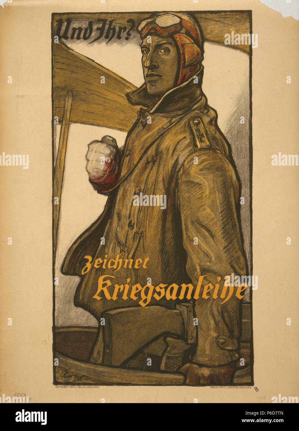 Englisch: Deutsche Weltkrieg Propaganda Poster für Kriegsanleihen. Bild eines Aviator mit Text' und Igv zeichnet Kriegsanleihe' (und haben Sie sich für den Krieg Bond). ca. 1916 - 1918 79 und Igv Stockfoto