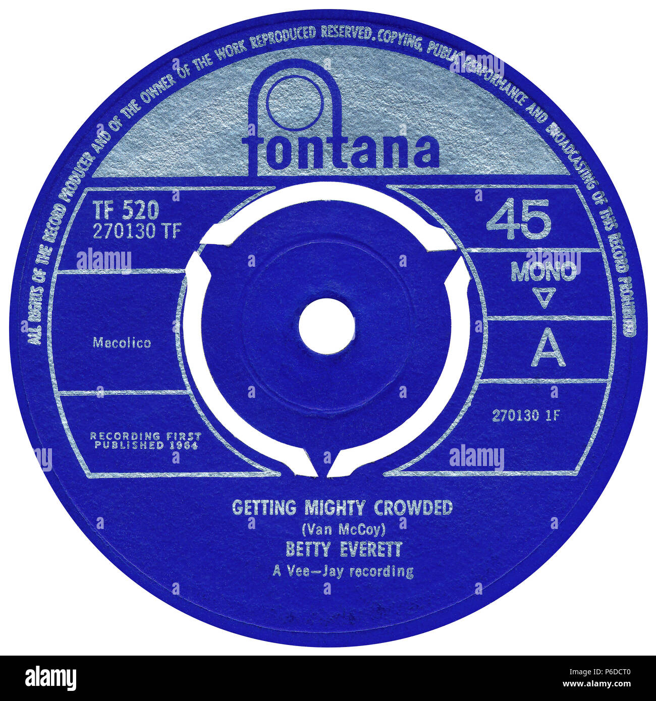 Großbritannien 45 U/min 7"-Single, mächtigen Überfüllt von Betty Everett auf der Fontana Label aus dem Jahre 1964. Von Van McCoy geschrieben. Stockfoto