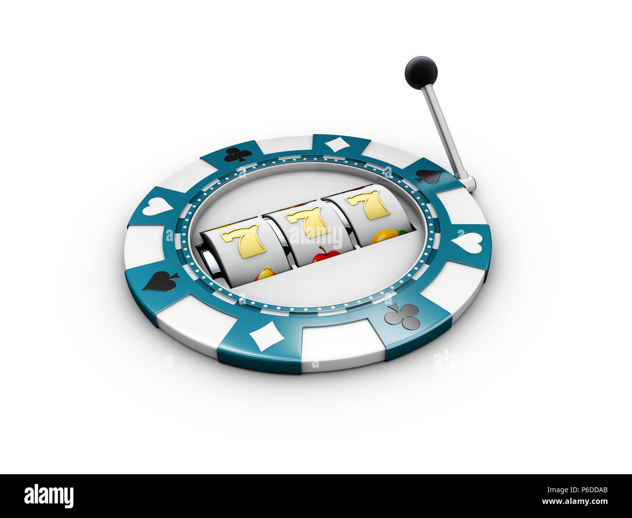 Casino Chips und Slot Maschine mit Lucky sevens Jackpot. 3D-Darstellung. Stockfoto