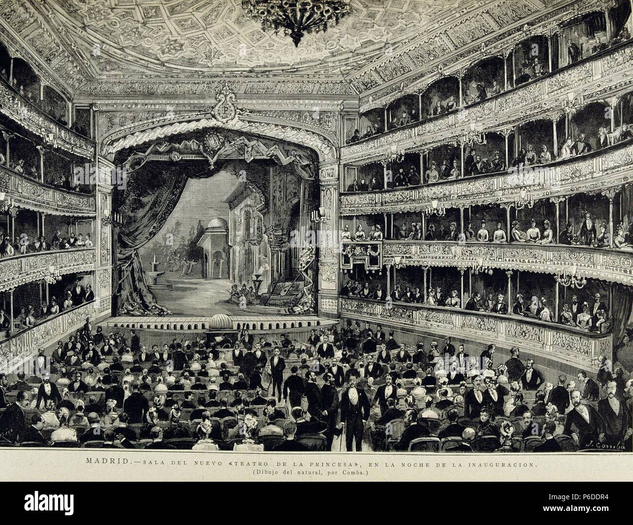 MADRID. INAGURACION DEL TEATRO DE LA PRINCESA, AÑO 1885. DIBUJO JUAN COMBA. ILUSTRACION GRABADO DE LA ESPAÑOLA Y AMERICANA. MADRID PINTADO. Stockfoto