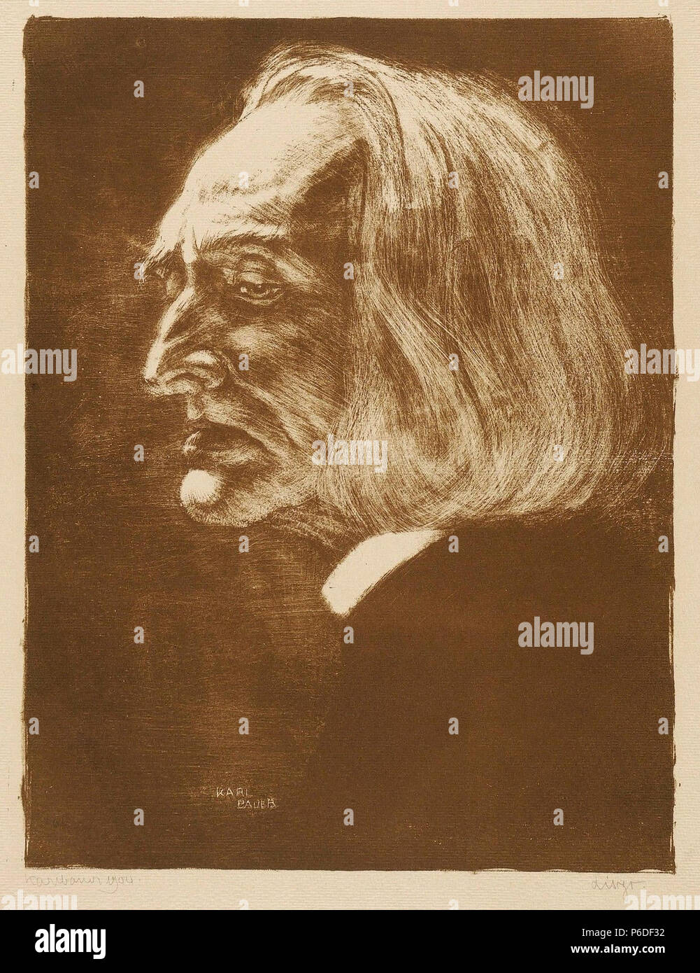 Deutsch: Karl Bauer (1868-1942): Portrait Franz Liszt. Lithografie/Kreidelithografie, partiell geschabt, 1904. 58 x 45 cm. 1904 44 Franz Liszt von Karl Bauer, 1904 Stockfoto