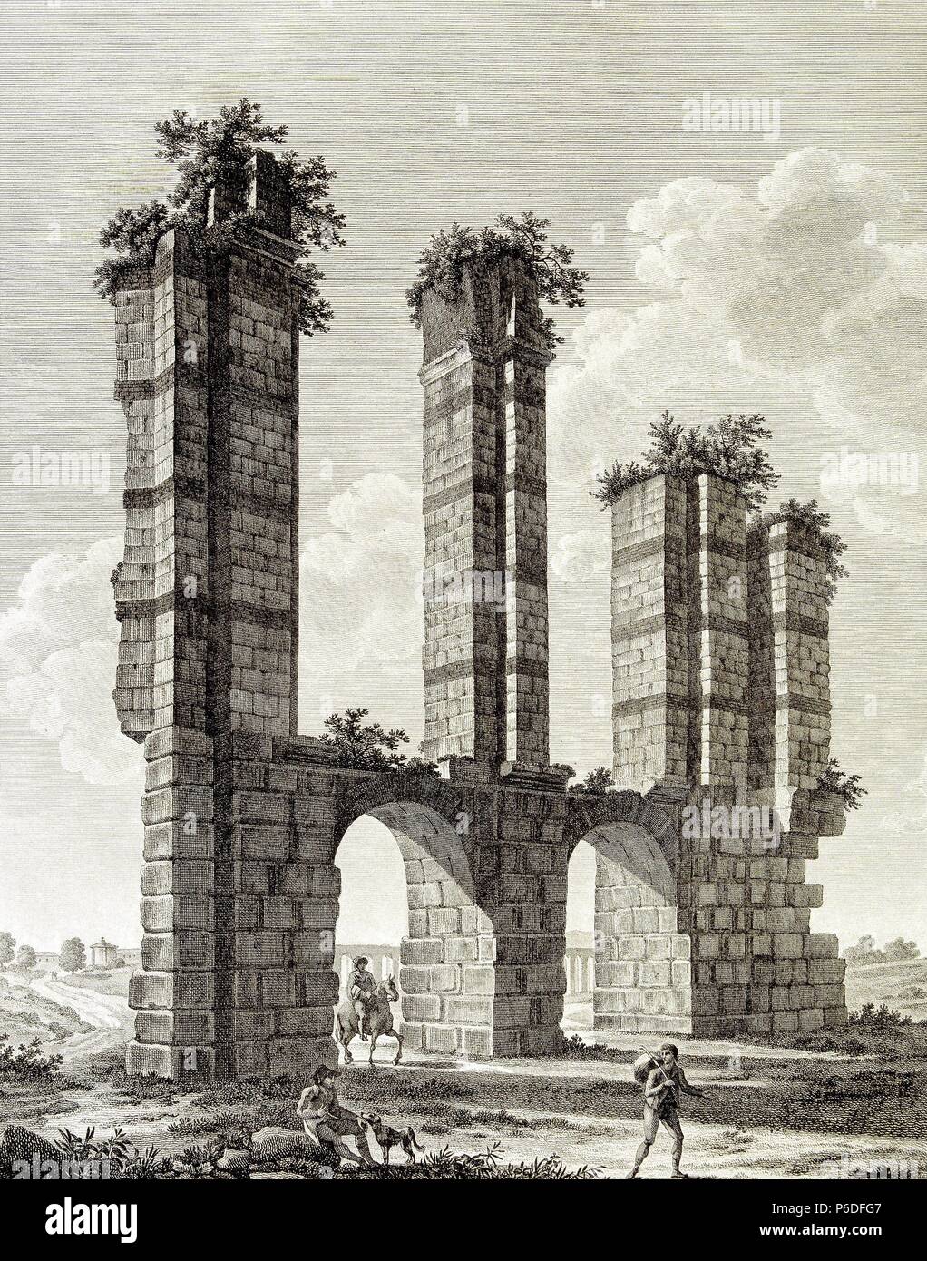 BADAJOZ. MERIDA. RESTOS DE UN ACUEDUCTO ROMANO. DIBUJO DE ALEX DE LA