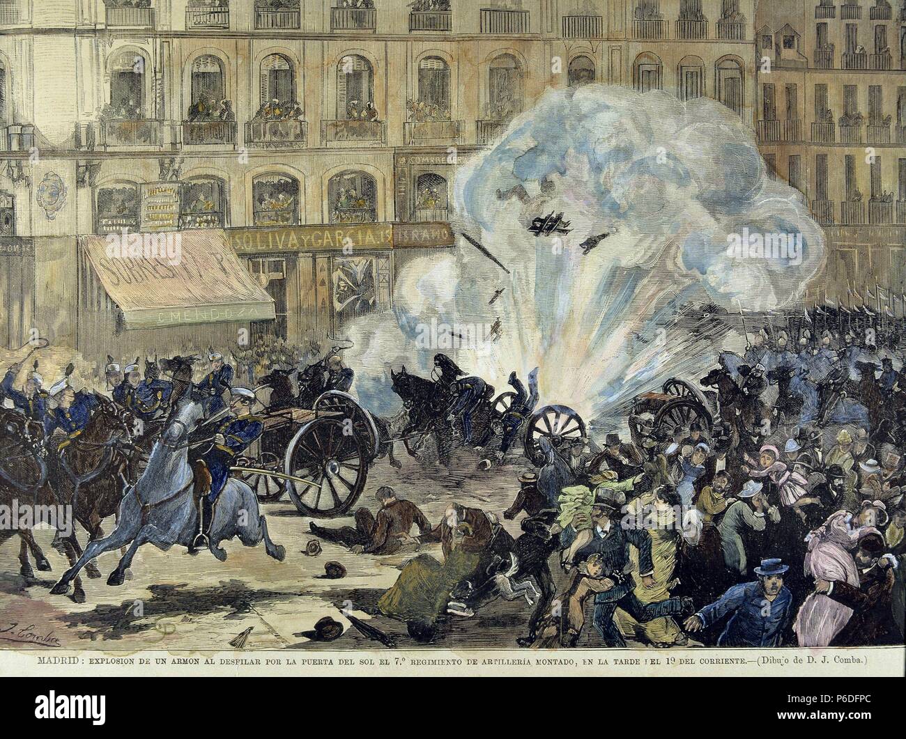 MADRID. EXPLOSION DE UN ARMON DE ARTILLERIA EIN SU PASO POR LA PUERTA DEL SOL EL 19 DE OCT DE 1879. DIBUJO DE JUAN COMBA. ILUSTRACION ESPAÑOLA Y AMERICANA. MADRID PINTADO. Stockfoto