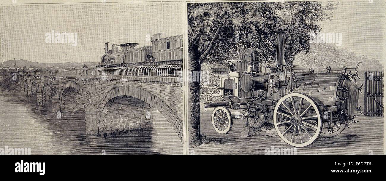 FERROCARRILES. ESPAÑA. SANITARIAS PRECAUCIONES DE LA FRONTERA HISPANO - FRANCESA. PUENTE SOBRE EL BIDASOA. APARATO DE DESINFECCION DE EQUIPAJE, AÑO 1890. GRABADO. ILUSTRACION ESPAÑOLA Y AMERICANA. Stockfoto