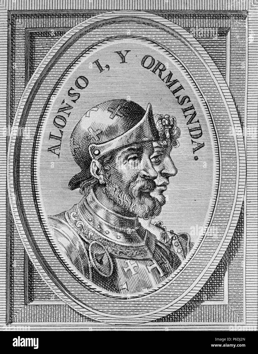 ALFONSO I'EL CATOLICO". REY DE ASTURIAS 739 - 757. ESPOSO DE ERMENESINDA, HIJO DE PELAYO. GRABADO RETRATO. Stockfoto