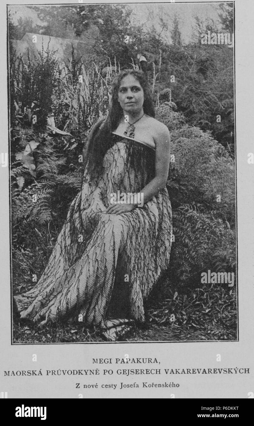 Bin egi Papakura' in Neuseeland als Mkereti (Maggie) Papakura, Mori Reiseführer in Whakarewarewa Hot Springs in Neuseeland bekannt. Eine Illustration zu einem tschechischen Sprache travelogue Obrazy z jižní polokoule (Bilder von der südlichen Hemisphäre"), Kapitel II. Mezi Maory ('Unter den Mori"). 27. Dezember 1901 veröffentlicht. Bild in 1900 oder 1901. 63 Megi Papakura 1901 Korensky Stockfoto