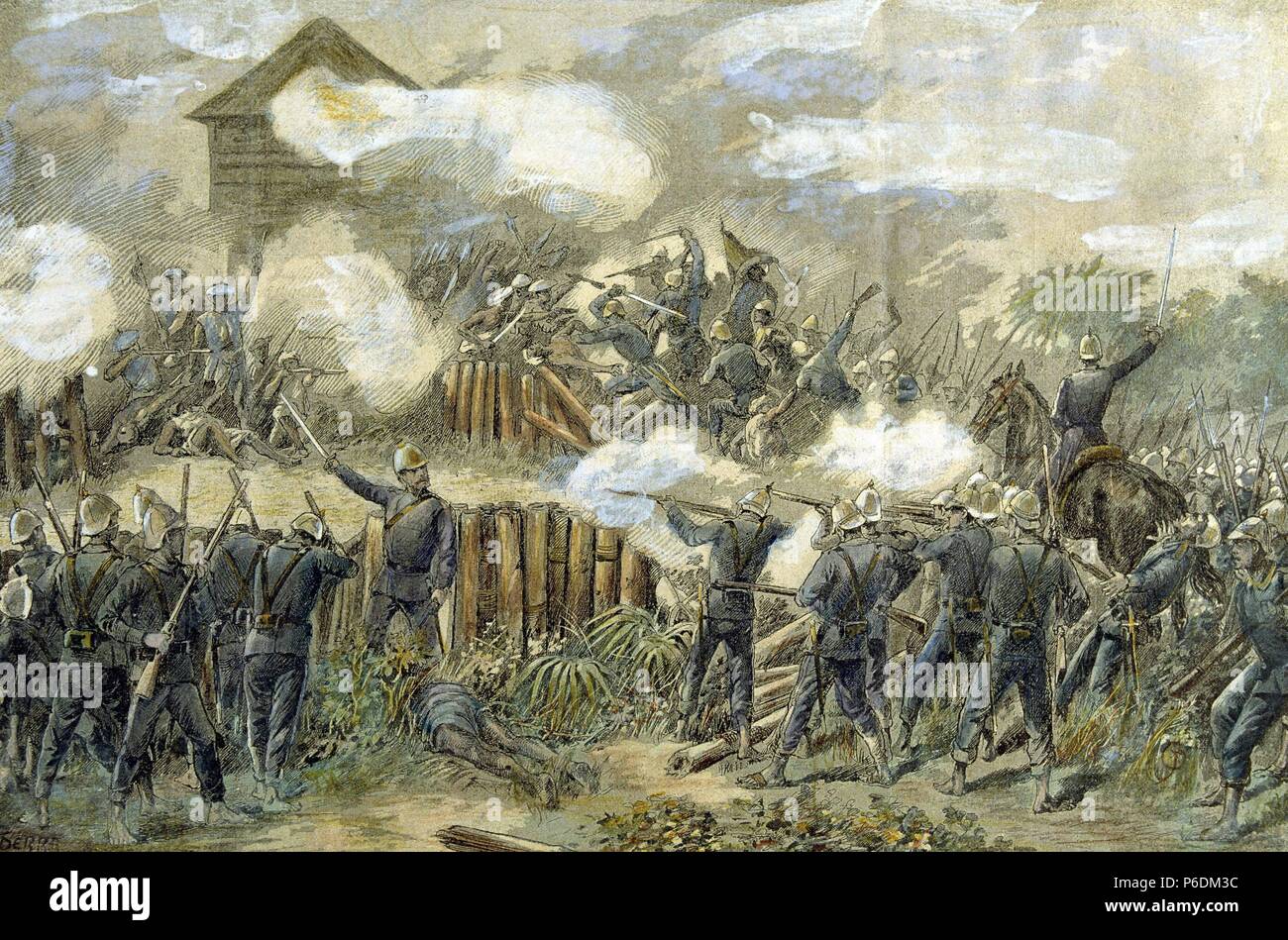 GUERRA DE FILIPINAS. 24 - 6 - 1894. REINADO DE Alfonso XIII. BATALLA DE MINDANAO. TOMA DE LA COTA DE GABASARAN POR LAS TROPAS ESPAÑOLAS EN 1894. GRABADO DE LA ILUSTRACION IBERICA. Stockfoto