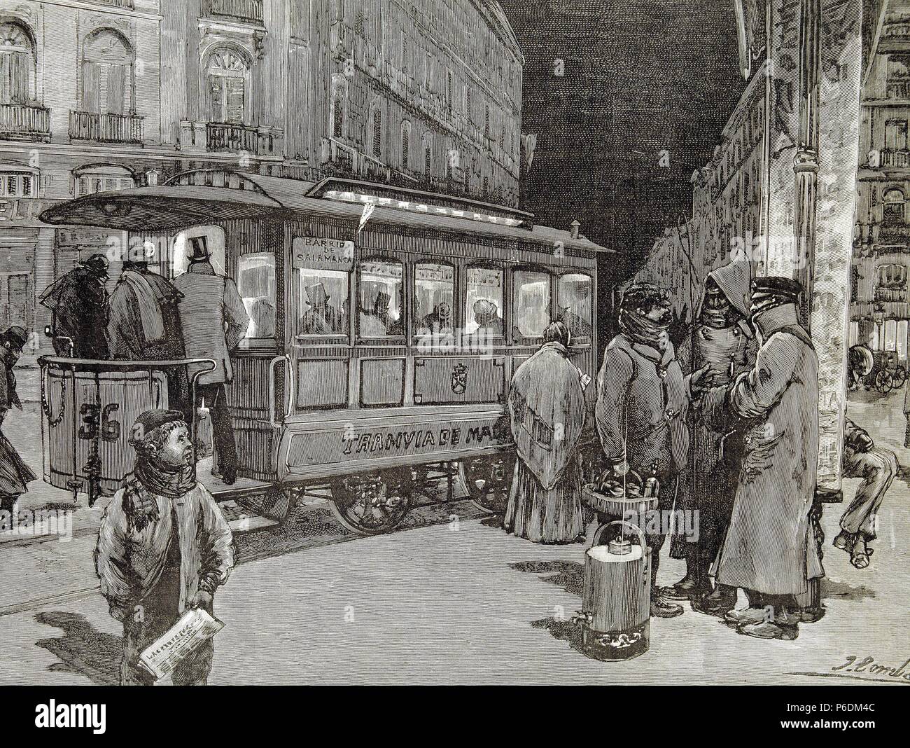 MADRID. EL ULTIMO eine Strassenbahn. GHRABADO DE JUAN COMBA. ILUSTRACION ESPAÑOLA Y ANERICANA, AÑO 1891. MADRID PINTADO. Stockfoto