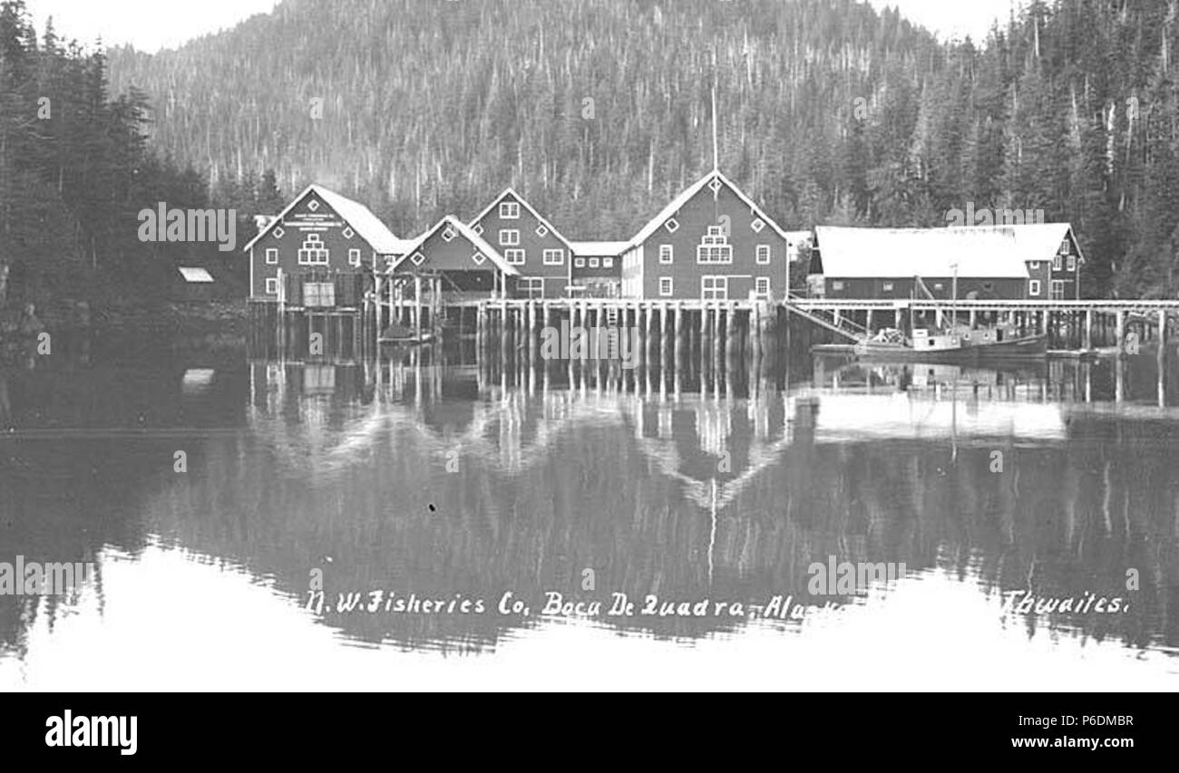 . Englisch: der Nordwesten Fischerei Unternehmen Gebäude in Boca de Quadra Estuary, Ca. 1912. Englisch: Legende auf Bild: N.W. Fischerei Co., Boca de Quadra, Alaska. PH-Coll 247.824 Boca de Quadra ist ein meeresarm der Südwesten erstreckt sich für 34 Kilometer von Keta Fluss Revillagigedo Kanal. Es ist der spanische Name bedeutet "Mündung der Quadra' 1792 von Jacinto Caamano für Don Juan de la Bodega y Quadra, die teilgenommen haben in expenditions und Erhebungen in Southeast Alaska in 1775-1779. Dieser Name wurde von Kapitän George Vancouver, der die Mündung im Jahr 1793 erkundet. Themen (LCTGM): der Nordwesten Fisheri Stockfoto
