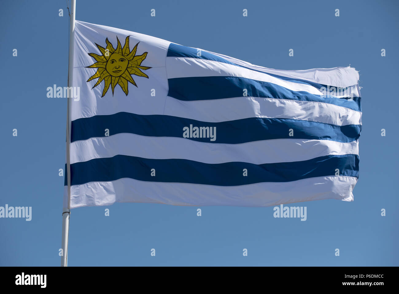 Uruguayische Fahne im Wind auf und blauer Himmel. Uruguay land Fahnenmast mit nationalen Emblem. Stockfoto