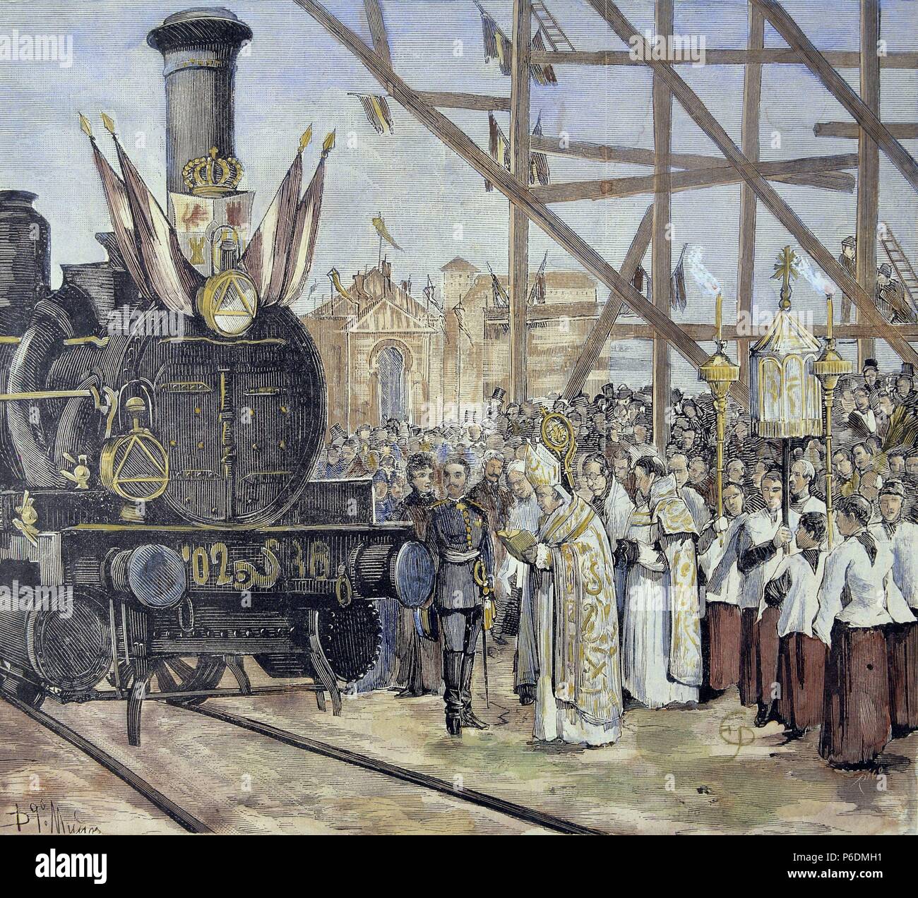 FERROCARRILES. ESPAÑA. INAGURACION DE LA LINEA FERREA DE MADRID EINE CIUDAD REAL. EL Rey Alfonso XII JUNTO AL CARDENAL TOLEDO EN LA FRONTERA DE BENDICION DE LA LOCOMOTORA 'BADAJOZ'. ILUSTRACION ESPAÑOLA Y AMERICANA. Stockfoto