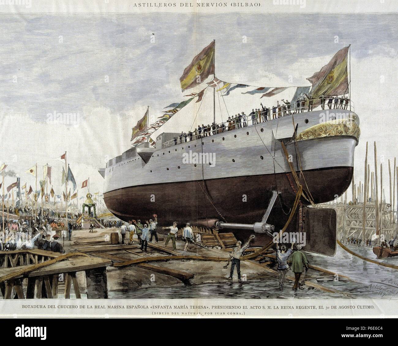INDUSTRIA SIGLO XIX. ESPAÑA. INDUSTRIA NAVAL. ASTILLERO DEL NERVION EN BILBAO. BOTADURA DEL CRUCERO "INFANTA MARIA TERESA'EN EL AÑO 1890. GRABADO DE JUAN COMBA. ILUSTRACION ESPAÑOLA Y AMERICANA. Stockfoto