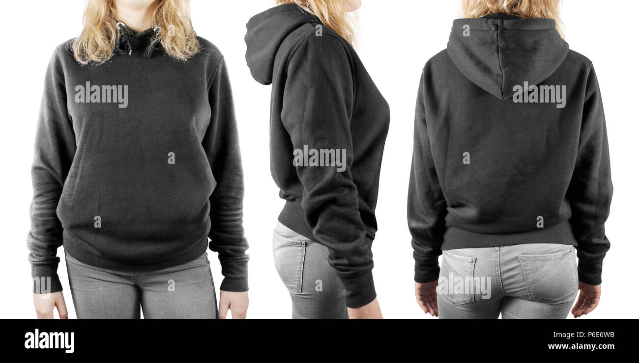 Leeren schwarzen Sweatshirt mock up Set isoliert, vorne, hinten und von der Seite. Frau tragen Grau hoodie mockup. Plain Hoody design Präsentation. Textil grau lose Gesamtmodell. Pullover für Drucken. Stockfoto