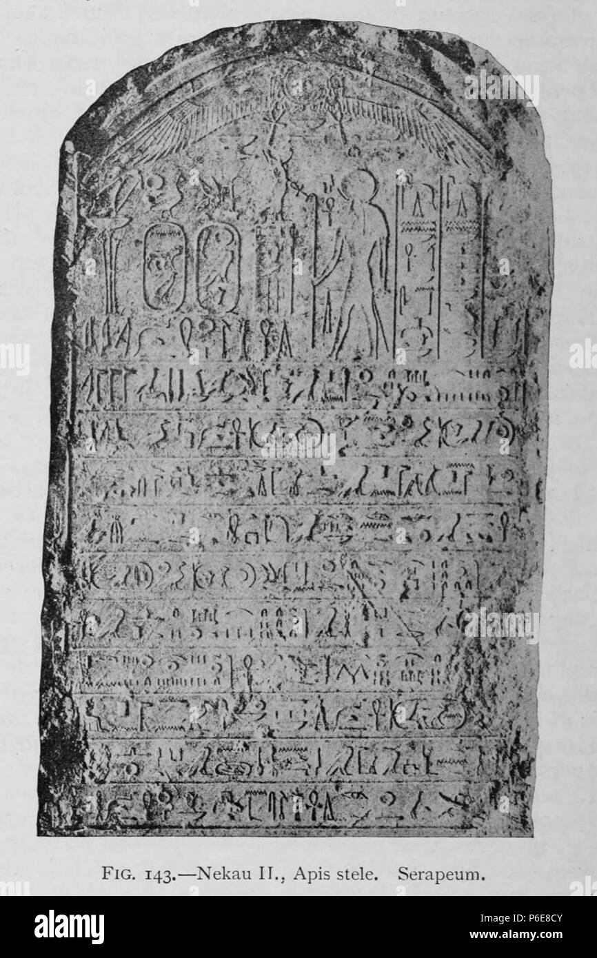 Englisch: Apis Stele zum Gedenken an den Tod eines Apis Stier im Jahr 16 der Pharao Necho II. 26. Dynastie, Spätzeit. 1905 75 Stele Apis Necho II. Petrie Stockfoto