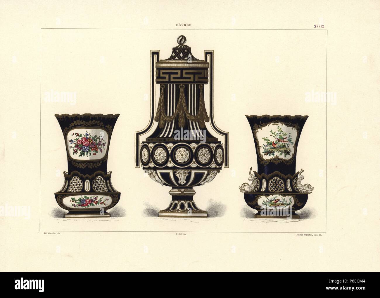 Vase jardiniere (Blumentopf) mit botanischen Panels, Vase mit Girlanden und festons und Vase jardiniere mit Delfinen und Panels mit Vögel und Blumen. Durch chromolithograph Gillot einer Illustration von Edouard Garnier aus der Weiche Paste Porzellan von Sevres, Maison Quantin, Paris, 1891. Stockfoto