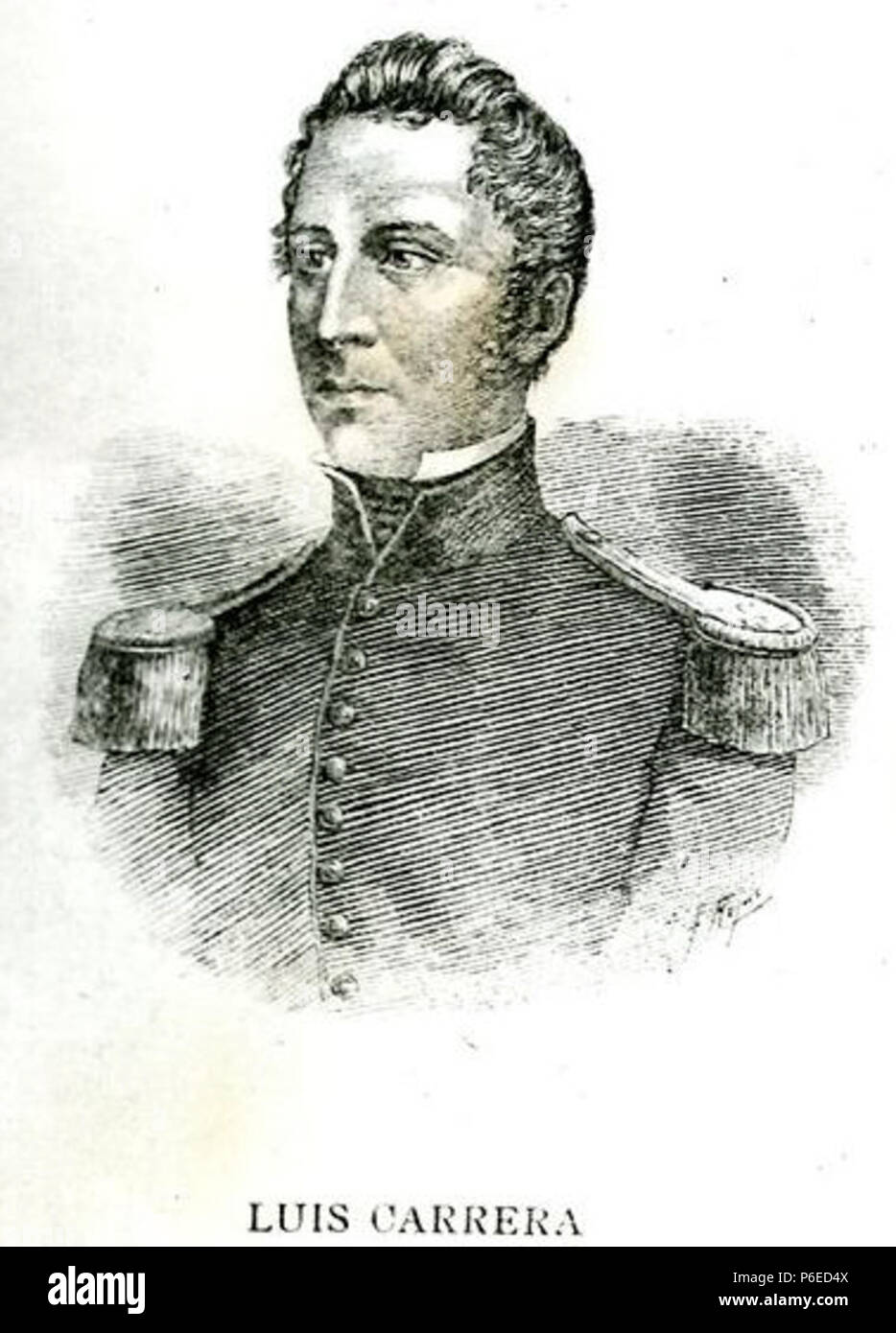 Español: Luis Florentino Juan Manuel Silvestre de los Dolores de la Carrera y Verdugo (Santiago de Chile, 1791 - Mendoza, Argentinien, 8 de Abril de 1818). Militar y patriota chileno. El menor de Los Hermanos Carrera. Activamente Participó en La primera Fase de la Guerra de Independencia de Chile, Etapa conocida como Patria Vieja. Secundando ein sus hermanos José Miguel y Juan José, y Junto a Otros oficiales republicanos, formó Uno de los principales bandos Dentro De Los partidarios de la Independencia: el Grupo carrerino. Datum unbekannt 61 Luis Carrera por Rojas Stockfoto