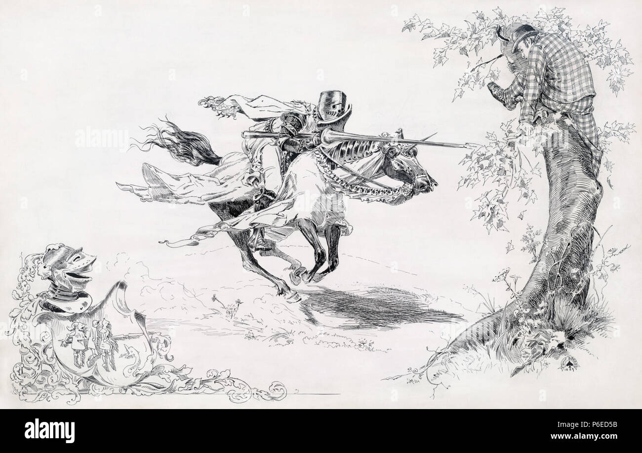 Deutsch: "Ritter in Rüstung kippen an Mann in moderner Kleidung im Baum, auf dem ein Mann in modernem Kleid für die Zuflucht "geklettert", veröffentlicht als Frontispiz in: A Connecticut Yankee in King Arthur's Court/Samuel Clemens. New York: Charles L. Webster & Co., 1889. ', '1 Zeichnung: Feder und Tinte über Graphit underdrawing; Blatt 36 x 57,1 cm." Français: Dessin à la Plume sur Esquisse au Crayon comme publié frontispice du roman A Connecticut Yankee in King Arthur's Court (Trad. : "Un-Yankee du Connecticut à la Cour du Roi Arthur"), par Samuel Clemens, publié aux éditions Charles L. Webster & Cie-à-Neue Stockfoto