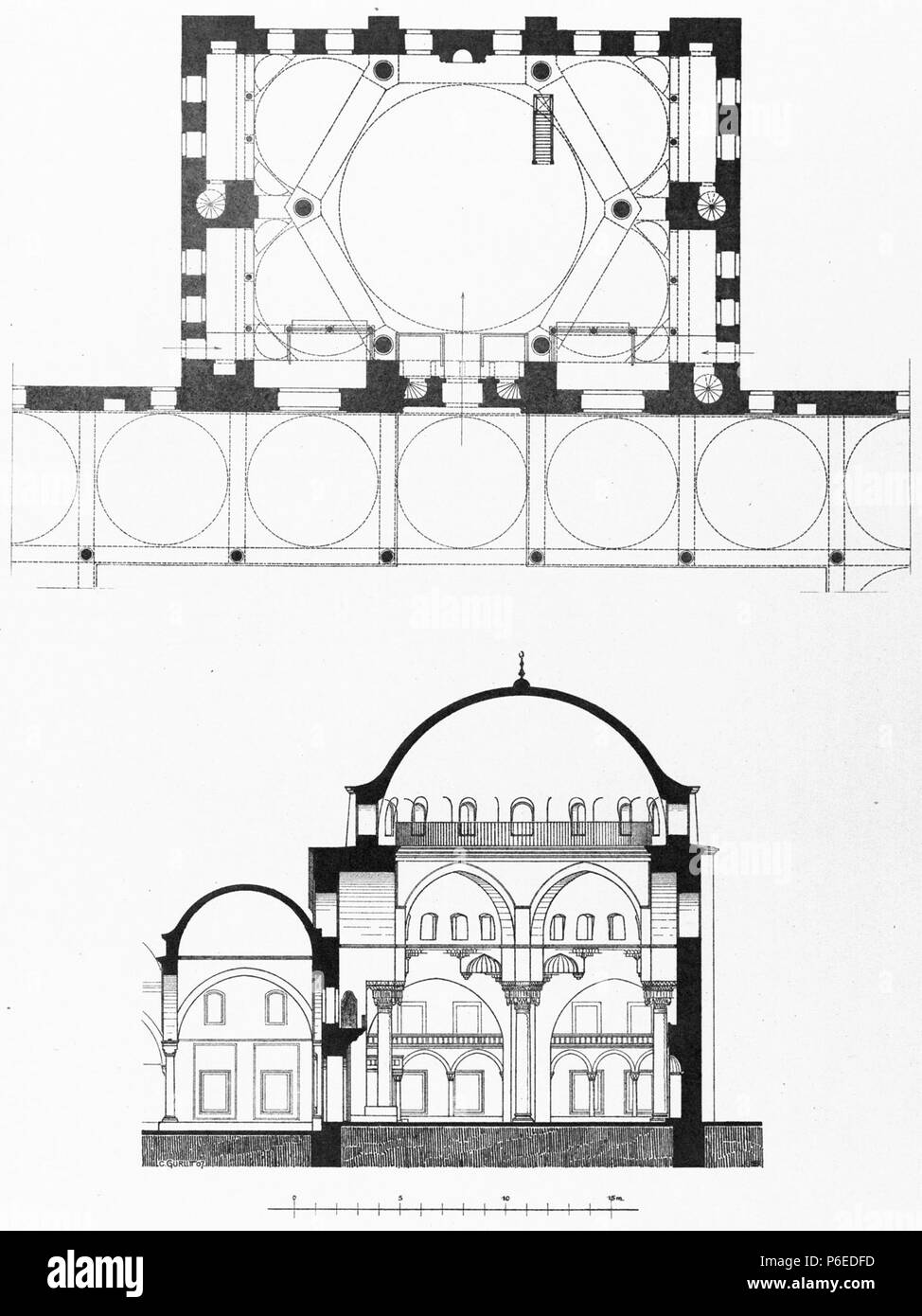 Englisch: Querschnitt und Plan der Kara Ahmed Pascha Moschee in Istanbul. 1912 58 Kara Ahmed Pascha Moschee von Gurlitt 1912 Stockfoto