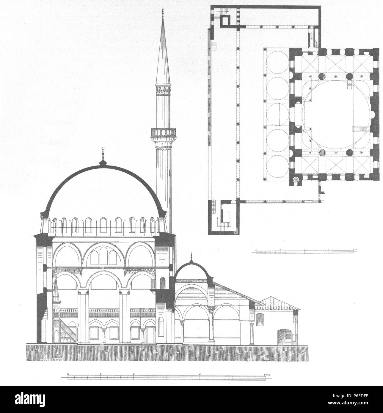 Englisch: Plan und Abschnitt der Rüstem Pascha Moschee in Istanbul. 1912 73 Rustem Pasha Moschee Gurlitt 1912 Stockfoto