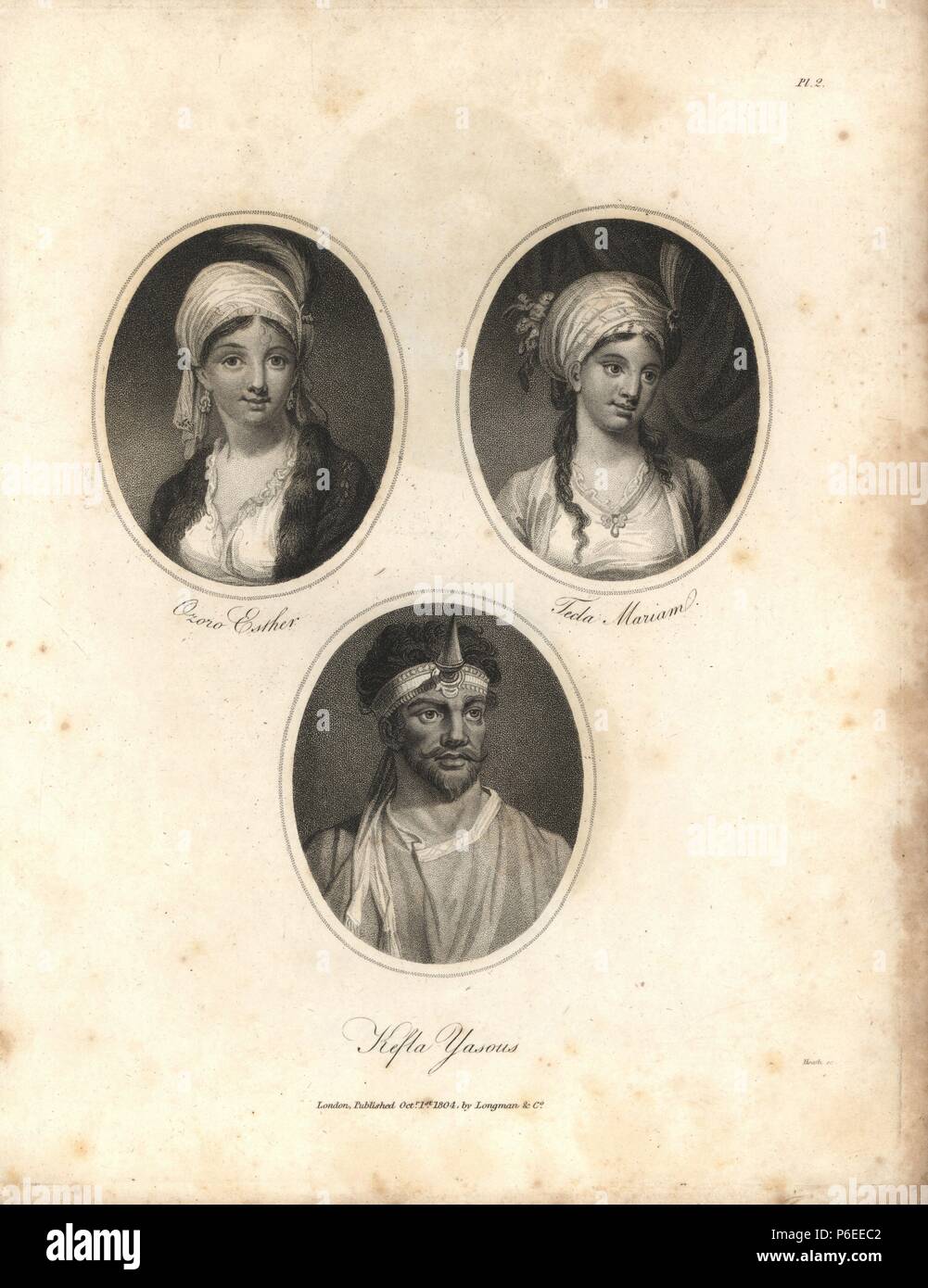 Porträts von ozoro Esther, Frau von Ras Michael, ihre Tochter Tecla Mariam und Chief Kefla Yasous von Abessinien, Kopfschmuck getragen nach dem Sieg von alle Kasmatis. Kupferstich von James Bruce's 'reist zu entdecken Sie die Quelle des Nils: In den Jahren 1768, 1769, 1770, 1771, 1772 und 1773", London, 1790. James Bruce (1730-1794) war ein schottischer Explorer und Reiseschriftsteller, die mehr als 12 Jahre in Nordafrika und in Äthiopien verbracht. Illustration von James Heath graviert nach einer Originalzeichnung von Bruce. Stockfoto