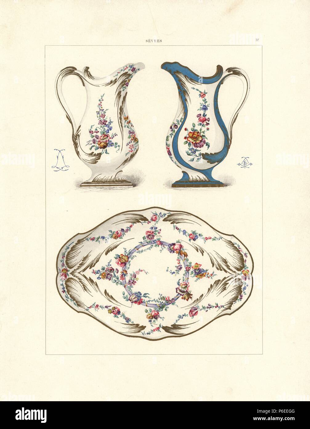 Porzellan für den häuslichen Gebrauch: Wasserkrug und Schale mit Blumen auf weißem Untergrund eingerichtet, und Wasser Topf mit Blumen auf Fond partiel (teilweise Hintergrund). Durch chromolithograph Gillot einer Illustration von Edouard Garnier aus der Weiche Paste Porzellan von Sevres, Maison Quantin, Paris, 1891. Stockfoto