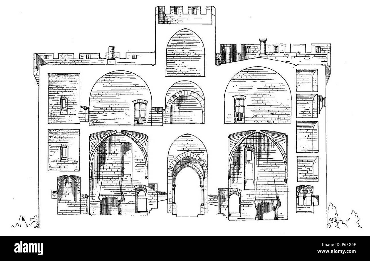 Englisch: Schnitt durch die Twin Towers des Torhauses von Fort Saint-André in Villeneuve-lès-Avignon. Das torhaus von Süden gesehen wird. Ein ähnliches Bild wie in Abbildung 1 auf Seite 490 in Maigret, Chantal (2000), "Le Château de Saint-André", Congrès Archéologique de France - Denkmäler du Gard, 157 e Session 1999 (in französischer Sprache), Paris: Société Française d'Archéologie, S. 489-493. 1910 59 Labande 1910 Fort Saint Andre Torhaus Abschnitt Stockfoto