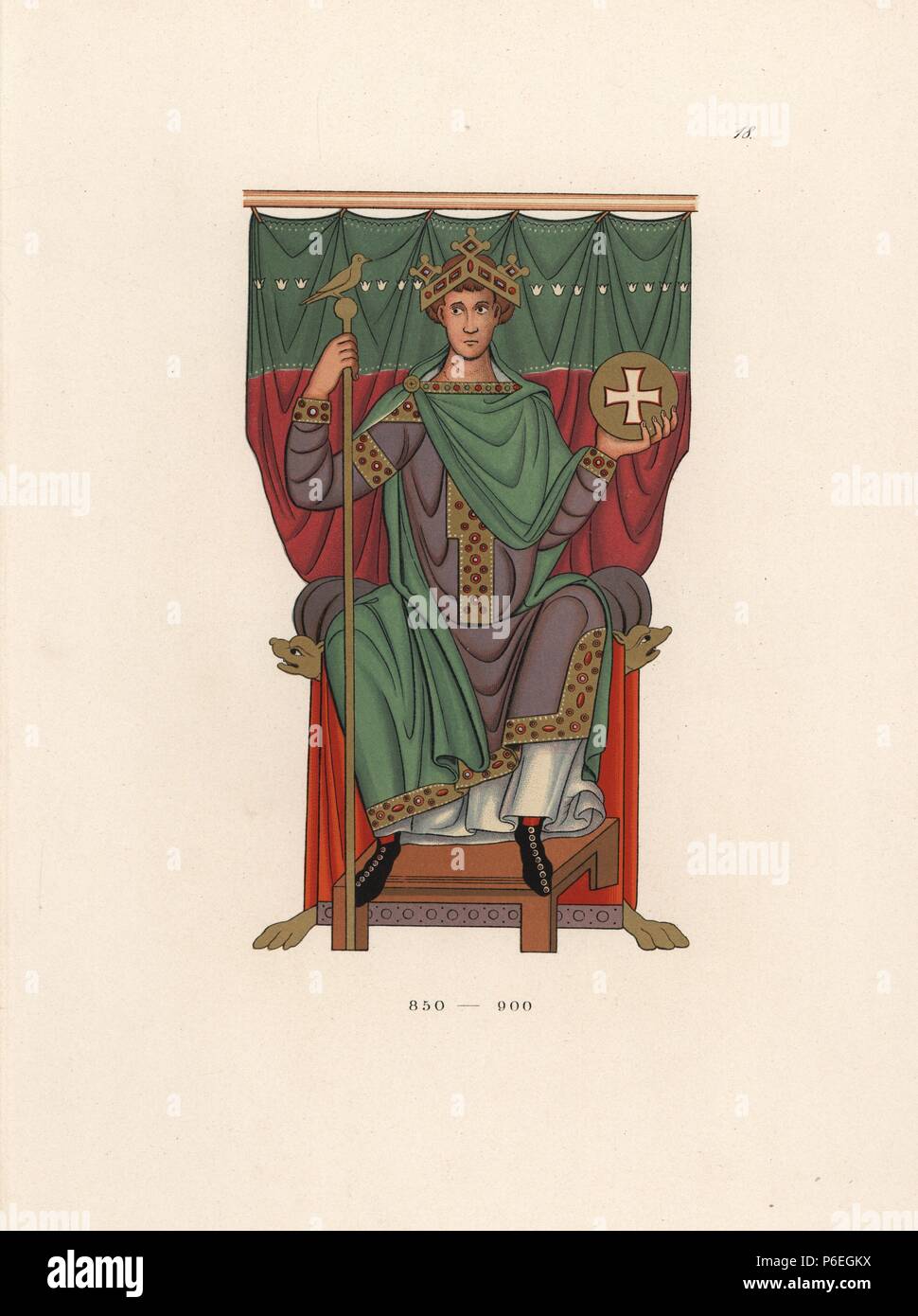 Henry II (973-1024), Kaiser des Heiligen Römischen Reiches, vom Evangelium in Hamberg Kathedrale. Von Hefner-Alteneck Chromolithograph's 'Kostüme, Kunstwerke und Geräte vom Mittelalter bis in das 17. Jahrhundert", Frankfurt, 1879. Illustration von Dr. Jakob Heinrich von Hefner-Alteneck und von Heinrich Keller veröffentlicht. Hefner-Alteneck (1811 - 1903) war eine Deutsche, die die Kuratorin des Museums, Archäologe, Kunsthistoriker, Zeichner und Kupferstecher. Stockfoto