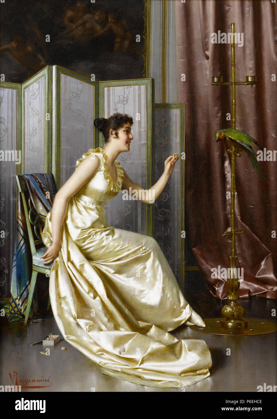 . Die Fütterung der Papagei. Français: Tableau datant du 19ème siècle. Englisch: 19. Jahrhundert Italienische impressionistischer Kunst. N/A2 2017-02 Vittorio Reggianini - Fütterung der Papagei Stockfoto